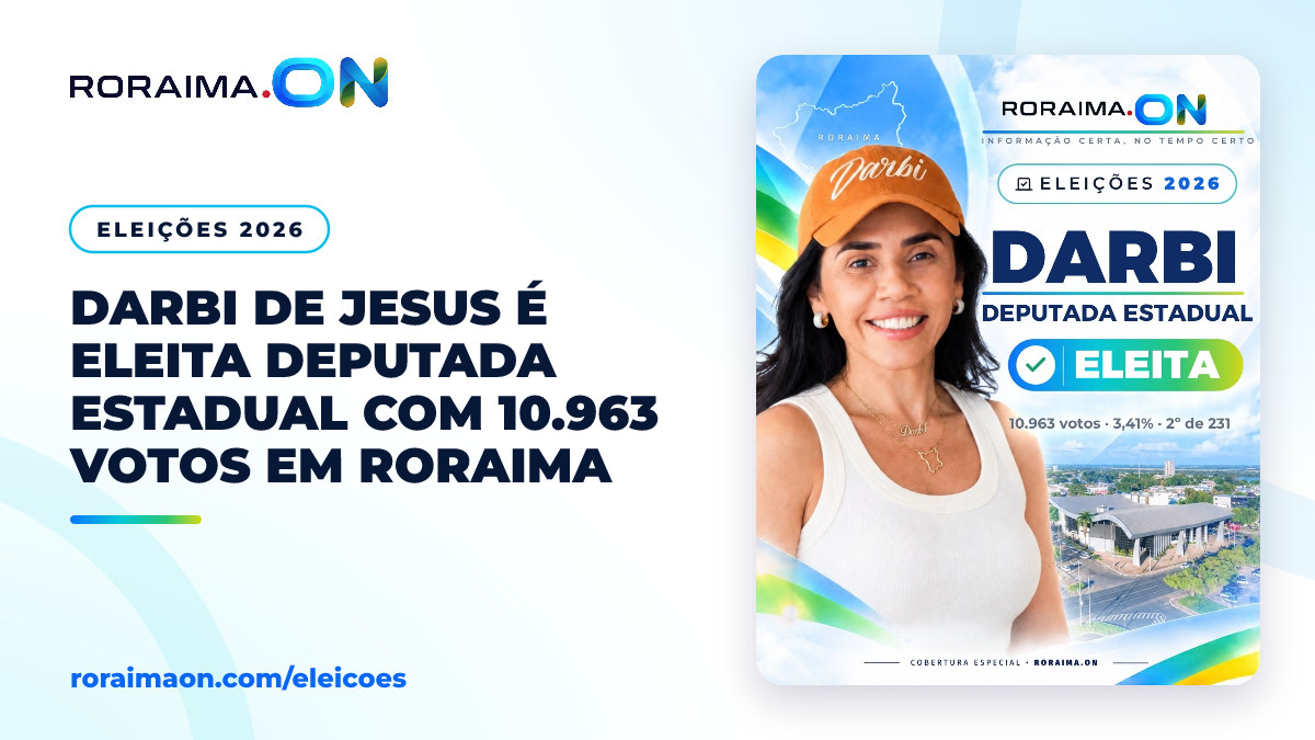 Arte gráfica com a foto de Darbi de Jesus e a informação de sua eleição como deputada estadual em Roraima.