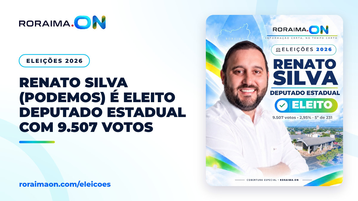 Arte gráfica com a foto de Renato Silva e a informação de sua eleição como deputado estadual por Roraima.