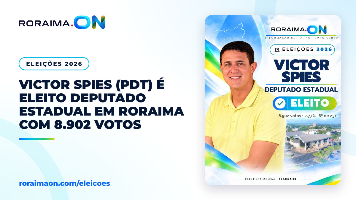 Arte gráfica com a foto de Victor Spies e a informação de sua eleição como deputado estadual em Roraima.