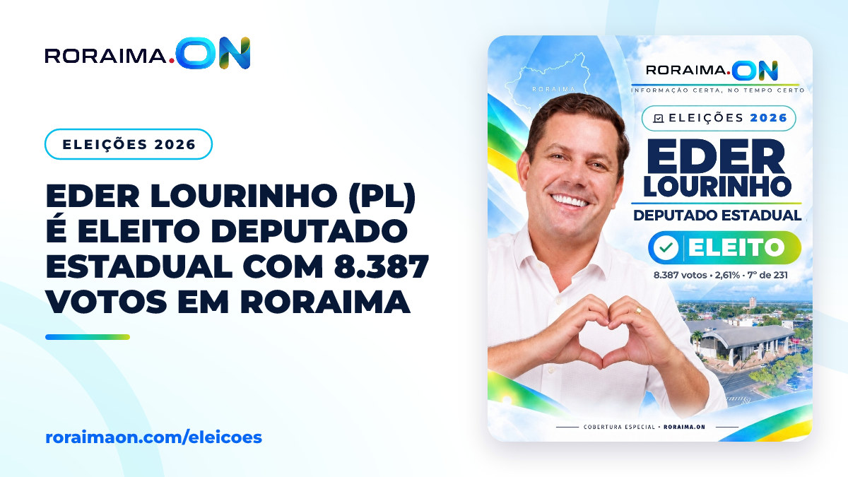 Arte gráfica com a foto de Eder Lourinho, identificado como deputado estadual eleito pelo PL em Roraima.