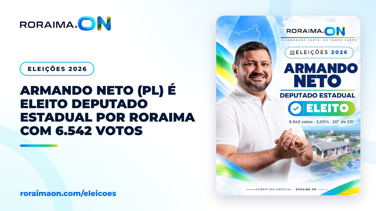 Arte gráfica com a foto de Armando Neto e o texto 'Eleito Deputado Estadual' com o logo do Roraima On.