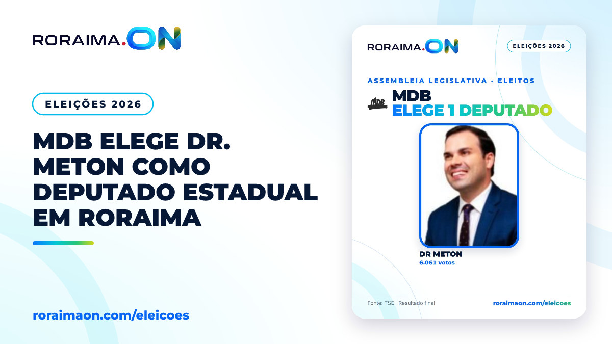 Arte gráfica com a foto de Dr. Meton e a informação de sua eleição como deputado estadual pelo MDB em Roraima.
