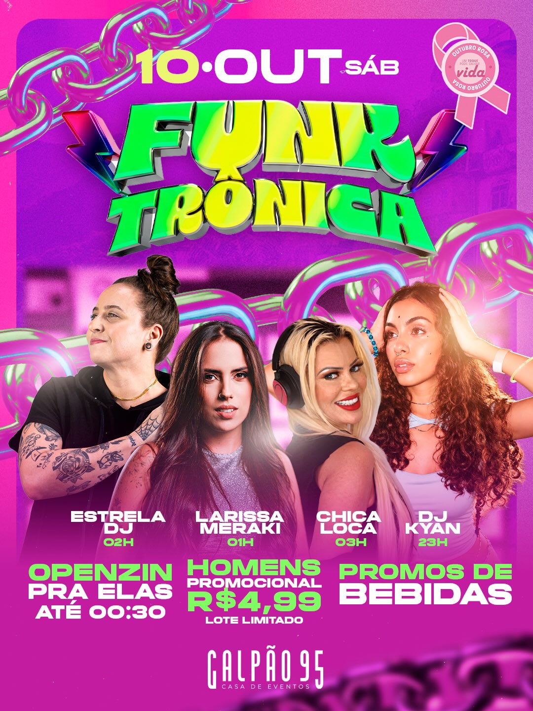 Fachada do Galpão 95 em noite de evento com luzes neon e público aguardando entrada para festa em Boa Vista